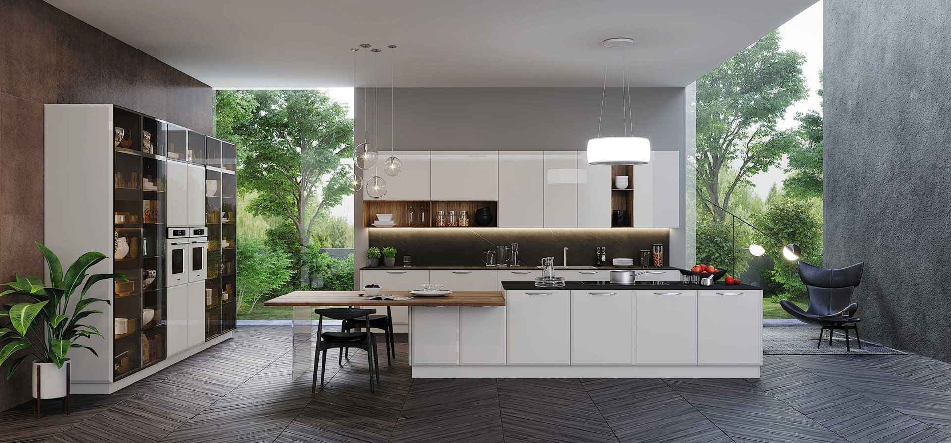Luxury modular kitchen design with custom white cabinets and built-in shelving Bangalore