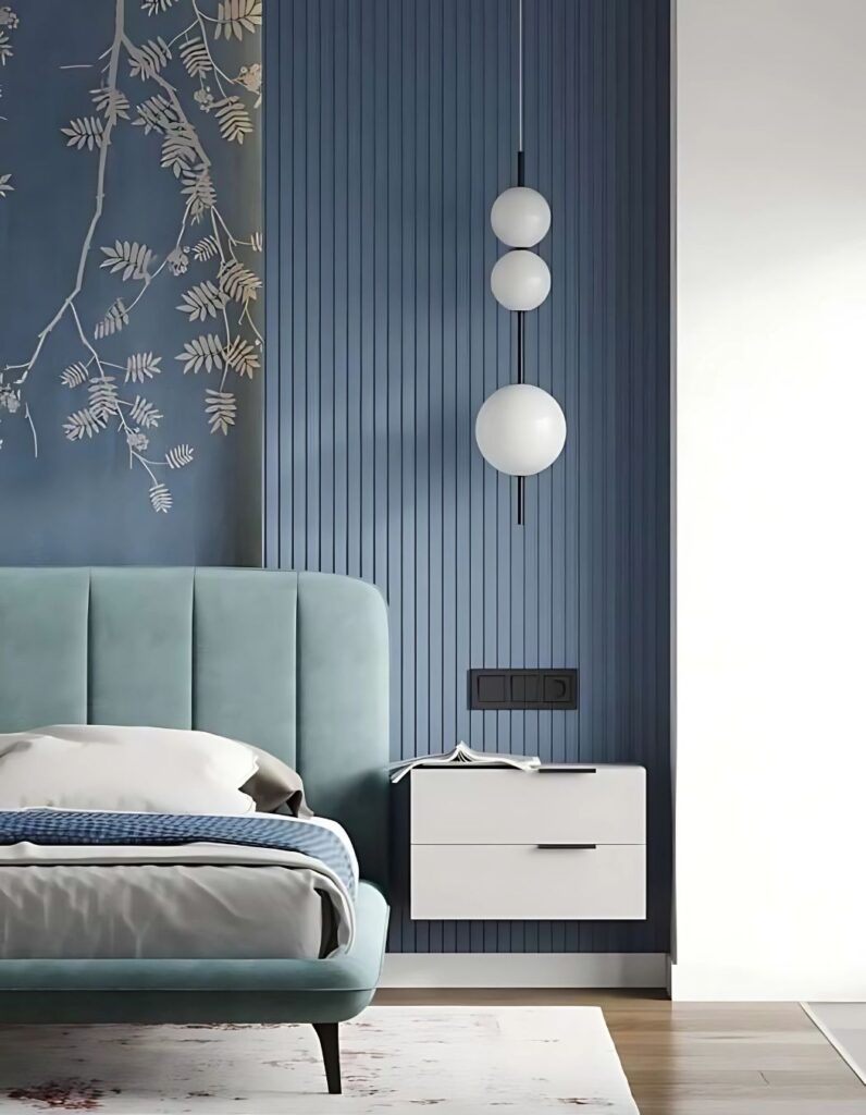 Modern bedroom with decorative wall panels and premium interior finishes in Bangalore